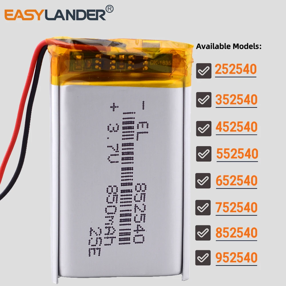 3.7V Lipo Li Polymer Lithium Rechargeable Battery 252540 300mAh 352540 452540 552540 652540 752540 852540 122540 952540