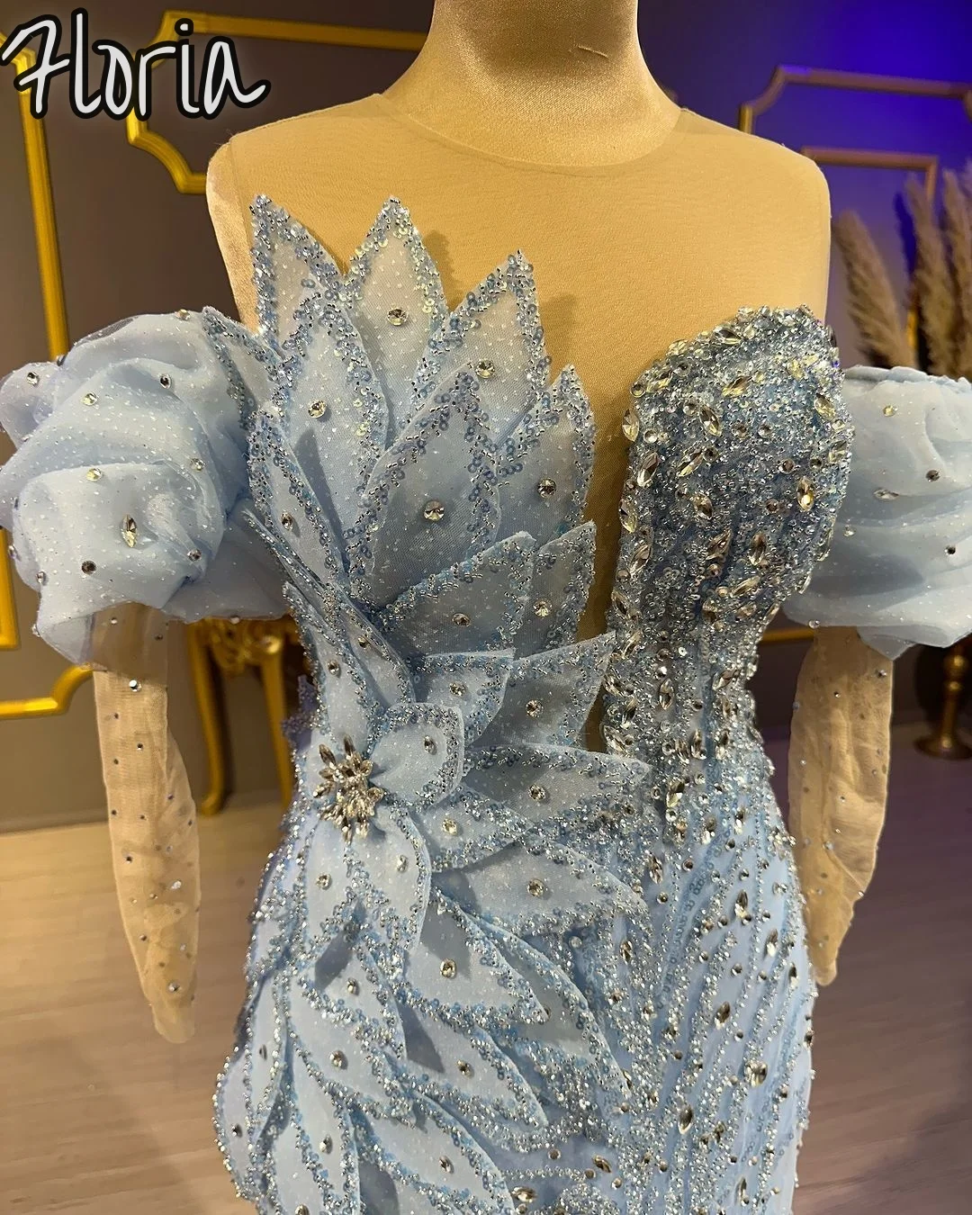 

Изысканное свадебное платье Aso Ebi с кристаллами и бисером, небесно-голубое многослойное вечернее платье с дизайном листьев и пышными рукавами