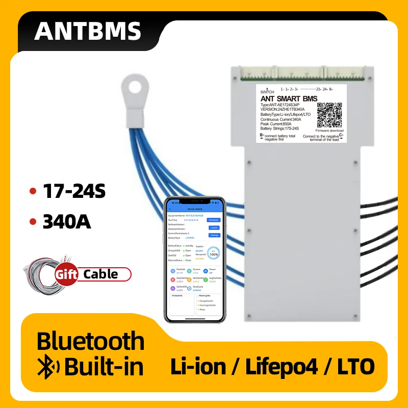 

Smart ANT BMS 17S 18S 20S 21S 22S 23S 24S Li-ion Lifepo4 LTO Battery 48V 60V 72V continuous 340A peak 850A smart blance board