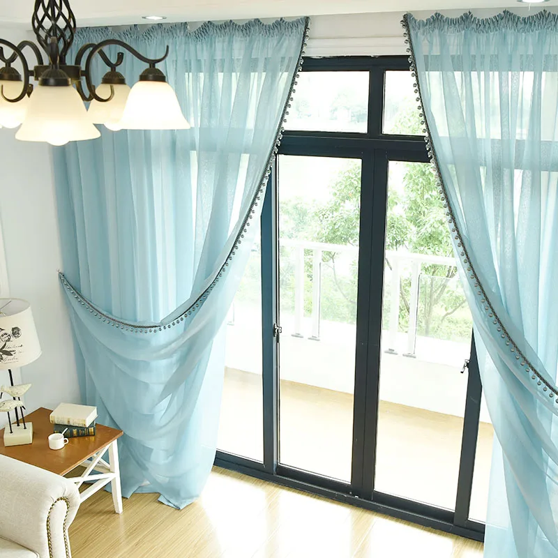 Solid Sheer Curtains for Living Room, Modern Voile Curtain with Beads, Ready Made Tulle for Bedroom, Window Curtain Panel Blue