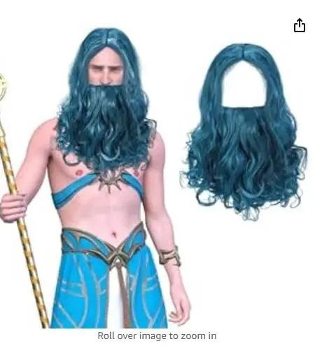 QQXCAIW Ocean King Wig and Beard Set Blue Cosplay Halloween Costume Wig Kit Halloween Funny Father Accessory for Halloween