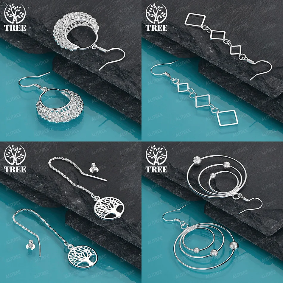 

Fine Christmas Gift 925 Sterling Silver Square Round Tree Shaped Hollow Bag Drop Earrings Fashion Party Jewelry Accessories