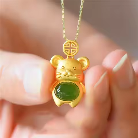Natural Green Hetian Jade Mouse Pendant Lucky Necklace Chinese Jadeite Amulet Fashion Charm Jewelry Gifts for Women Her