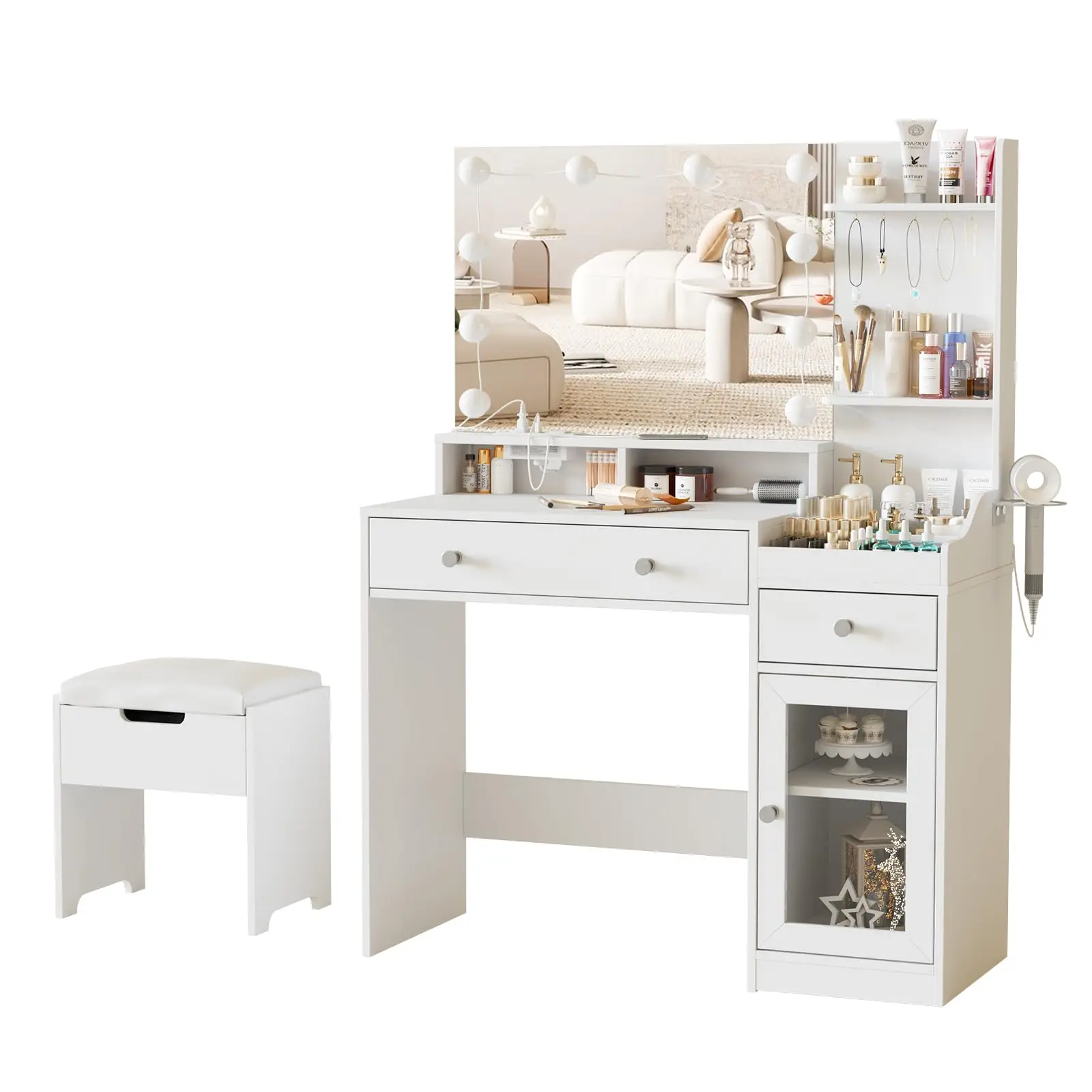

For Modern White Vanity Desk Dressing Table Set Makeup Vanity Desk with Charging Station and Chair