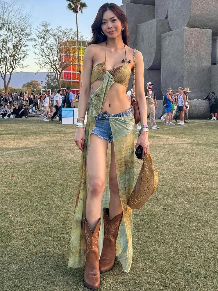 Summer Women Mid-Calf Sexy Mesh Dress K24D46937 Girl Print Halter Cut Out Side Spilt Vestido One Piece Robe Attirewear