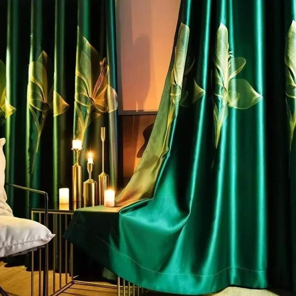 European Embroider Luxury Curtains for Living Room Blackout Bedroom Dining Lily Custom Tulle Sheer Window Drape Green