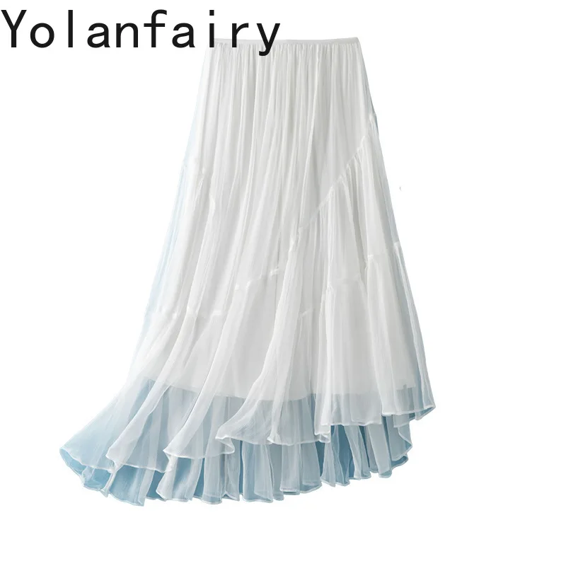 

YOLANFAIRY 100% Real Mulberry Skirts for Woman Summer Fashion Beach Style Skirt Women's Clothes Vacation Irregular White Skirt