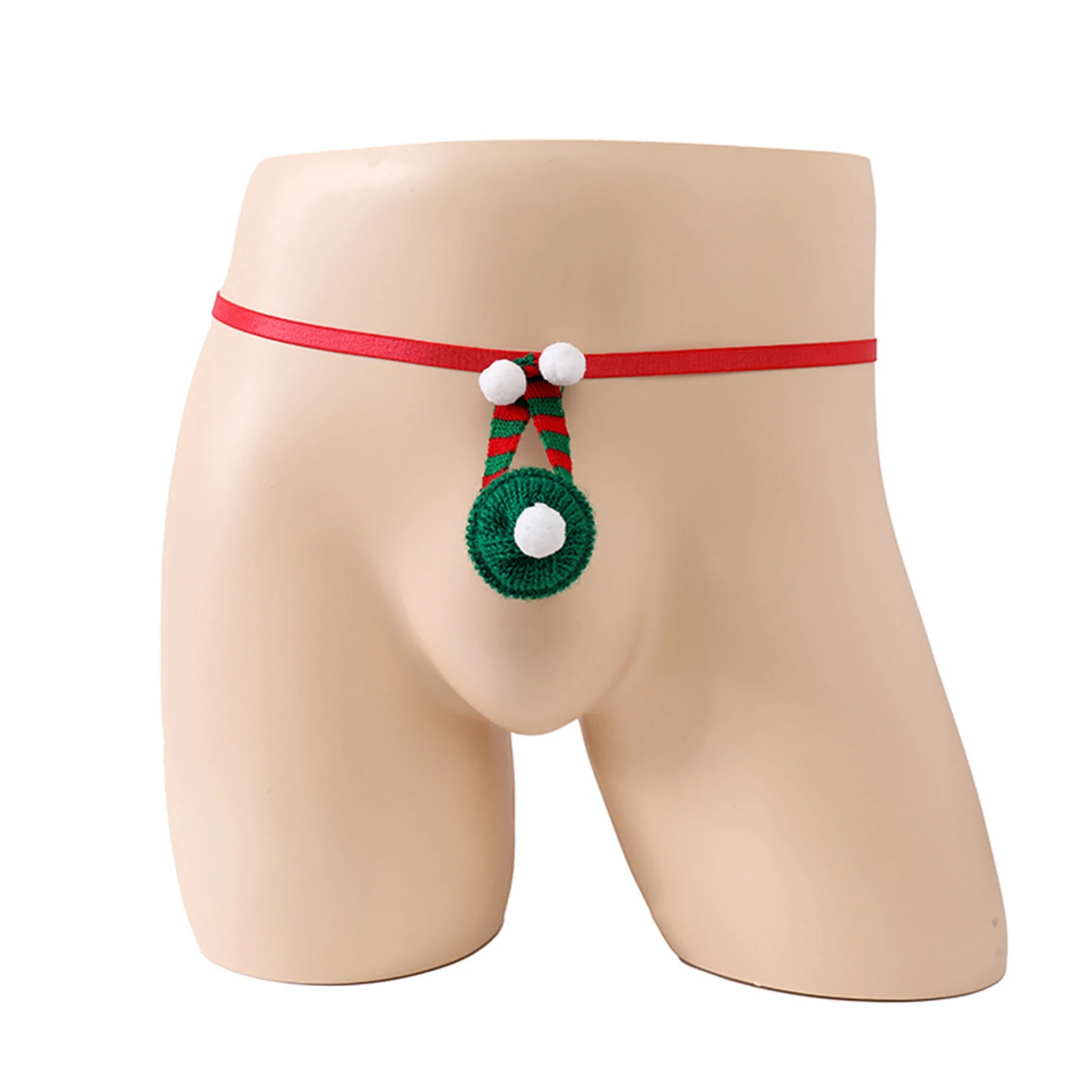 Tanga de Natal de baixa ascensão masculina, Roupa interior engraçada, Traje de Natal, G-string com bunda aberta breve com mini chapéu de Papai Noel