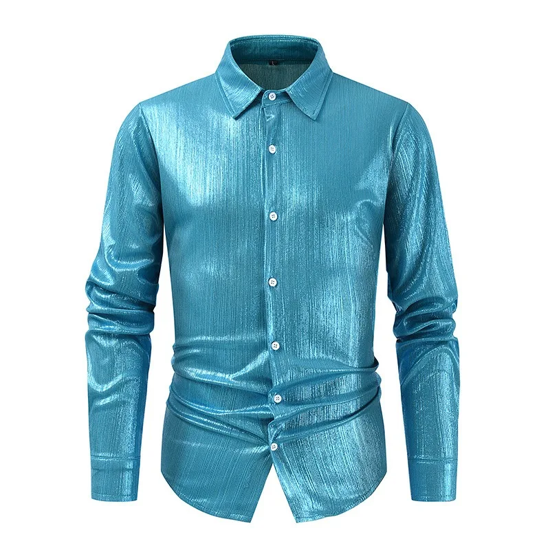 

Men's 2024 Summer New Men's Shirt Casual Flip Collar Bright Face Long Sleeve Lining Trendy Men's