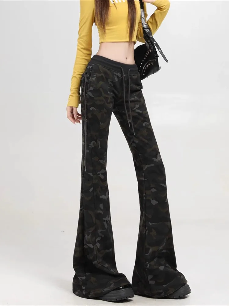 Pantalon de survêtement Dstring de Camouflage américain rétro pour femmes, grande taille, Design de fille chaude, jambe droite, pantalon évasé décontracté