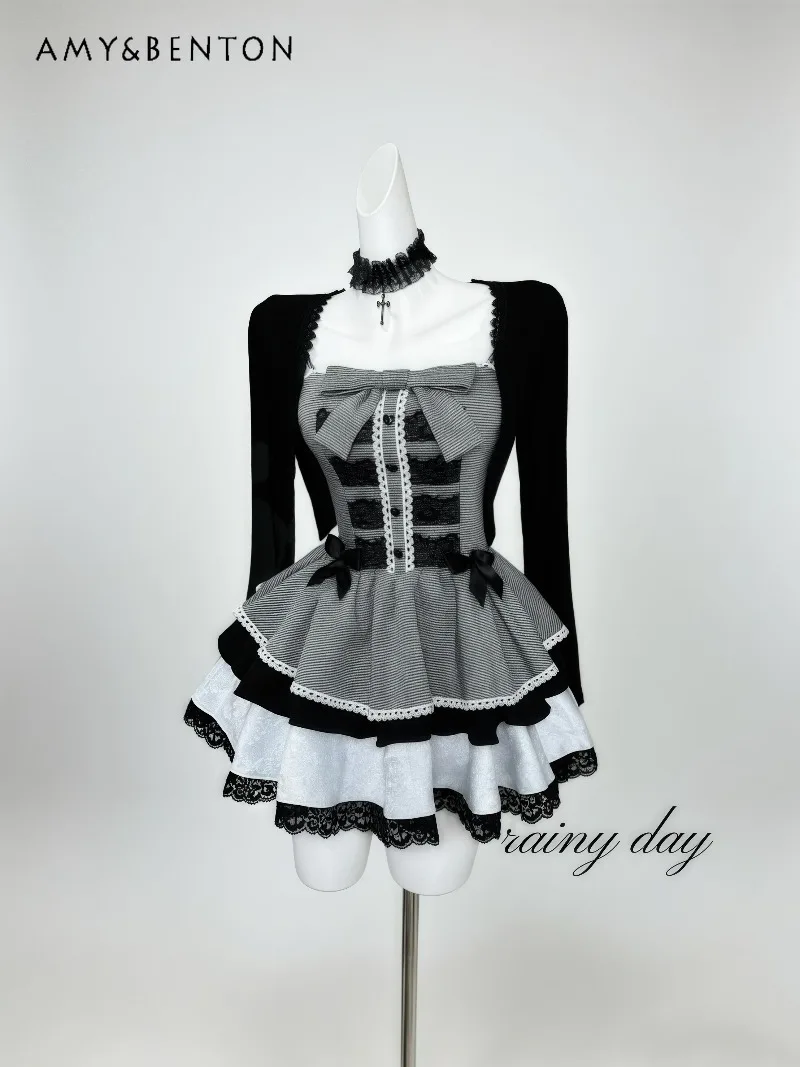 

Original Lolita Style Dress Subculture Gothic Bowknot Strapless Patchwork Color Slim Multi-layer Puff Dress Coat Two-piece Set