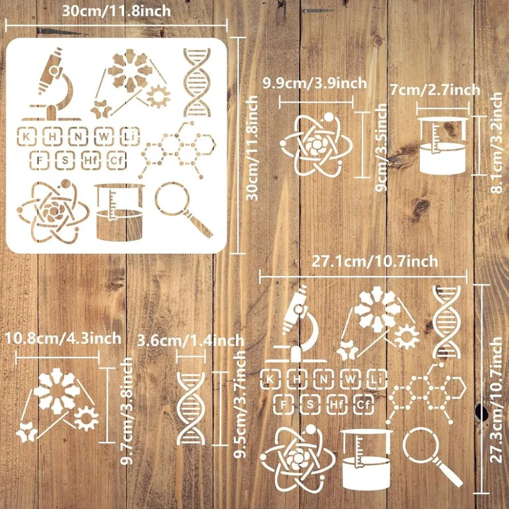 Scientific Experiment Stencil for Painting 11.8x11.8inch Reusable Microscope Beaker Magnifying Glass Gears Painting Stencil