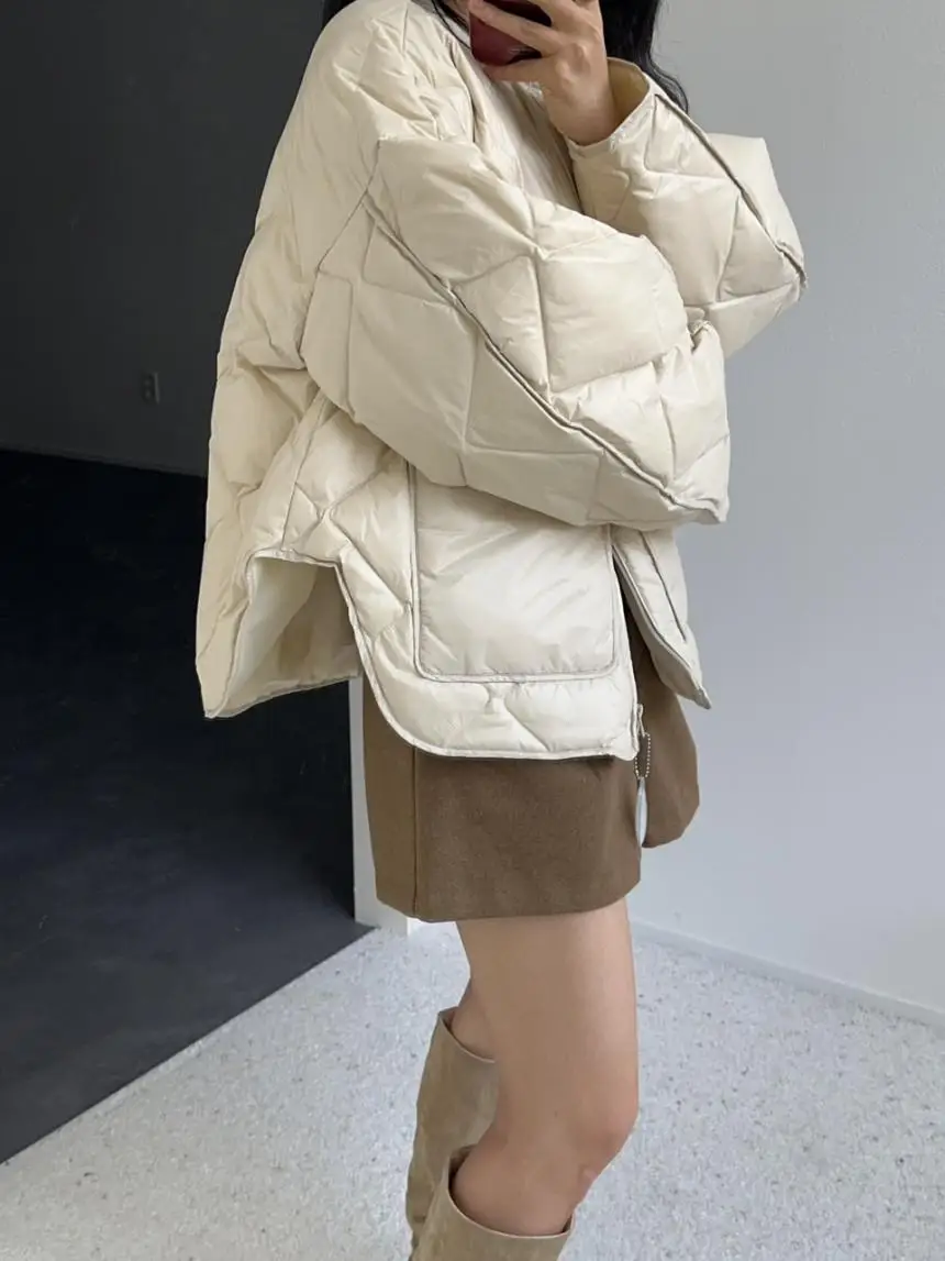 Women's Loose Fit Cotton Jaet Coat Retro round Ne Winter Warmth Interlined Diamond Pattern Long Sve Zipper Closure
