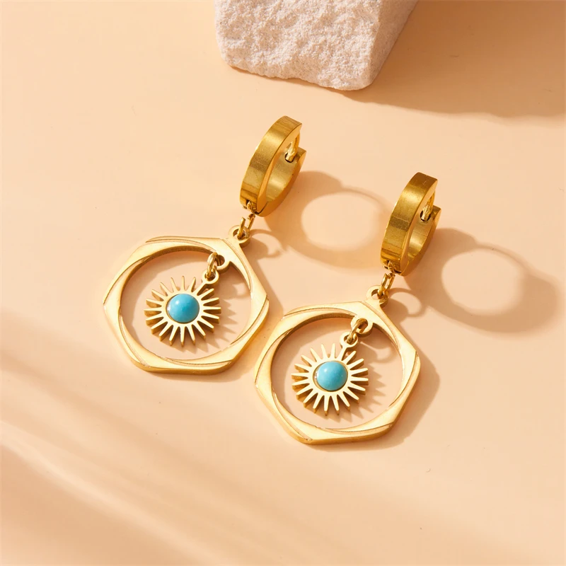 DIEYURO 316L Stainless Steel Vintage Round Pendant Hollowed Out Turquoise Earrings Women Girl Gift Fashion Jewelry Set bijoux