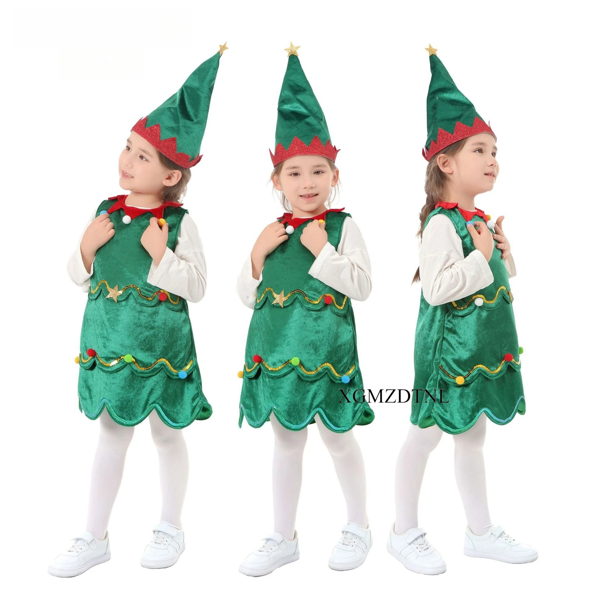 

New Christmas Children Christmas Tree Cosplay Costume Dress Hat Set Cute Halloween New Year Party Perform Girls Cos Props Suit