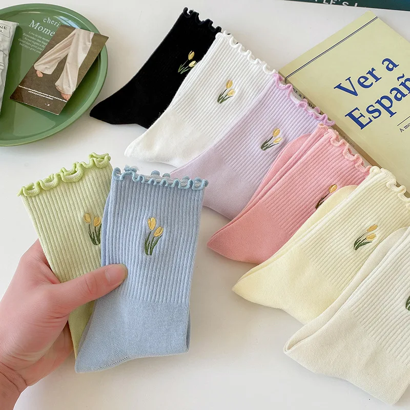 

1 пара женских носков в японском корейском стиле с рисунком цветов ярких цветов Harajuku Kawaii носки средней длины дышащие повседневные короткие носки