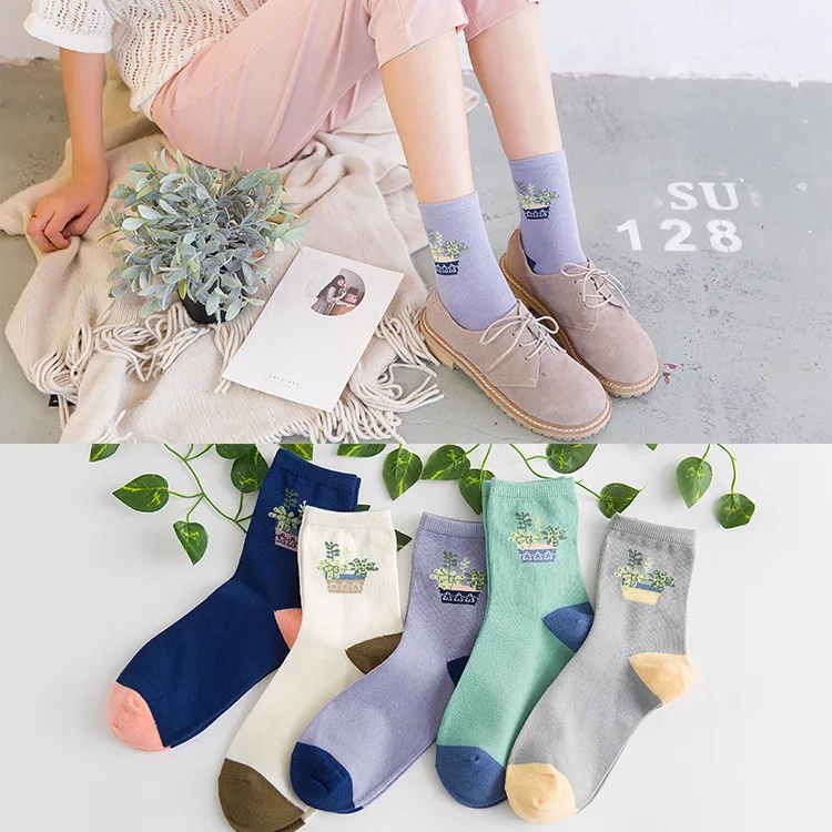 

Women Fashion Cotton Socks Korea Small Pure and Fresh Flowerpot Pattern Cotton Sock Short Tube Cute Socks Funny Mujer Sokken
