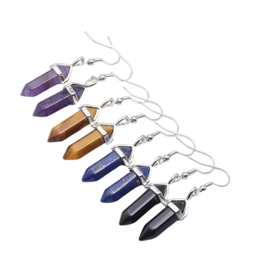 New Hexagonal Reiki Natural Amethysts Aventurine Stone Bead Drop Earrings Bicone Faceted Hook Women Earring Decoration Jewelry