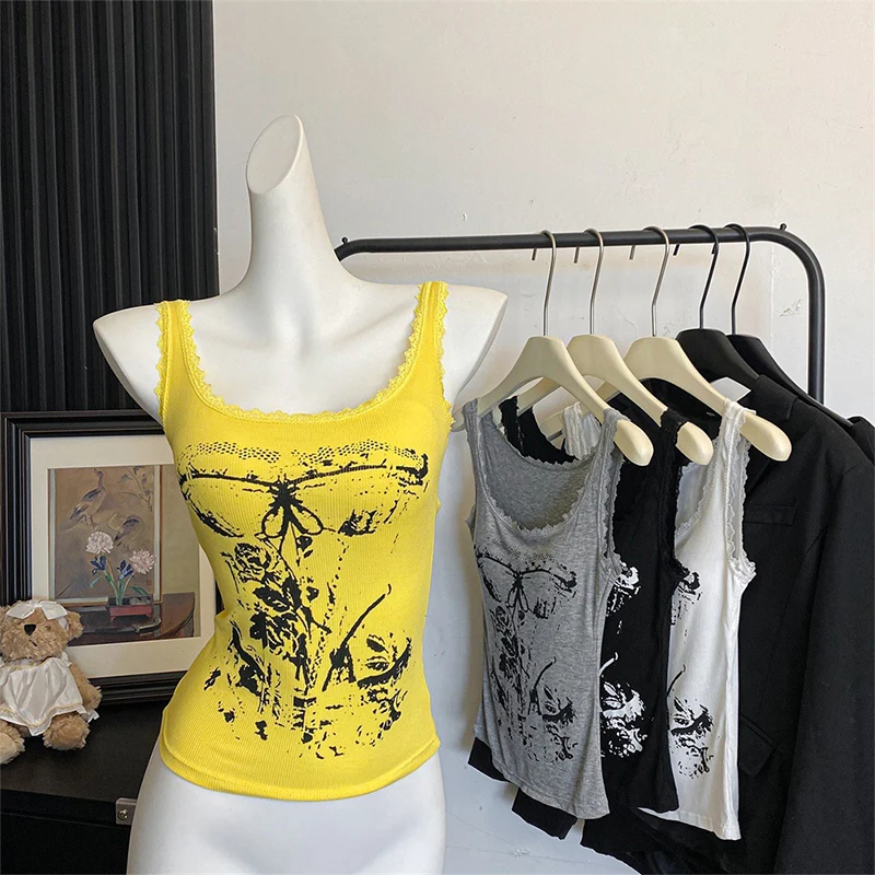 Summer Women Dark Academia Bodycon Lace Tank Top Crop Top Harajuku Goth Y2k Streetwear 2000s Aesthetic Hot Sexy