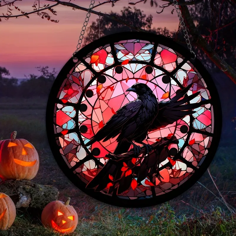 

Raven Stained Window Hangings Crow Decorations ForHalloween Bird Suncatcher for Windows Balconies Circular Acrylic Pendant