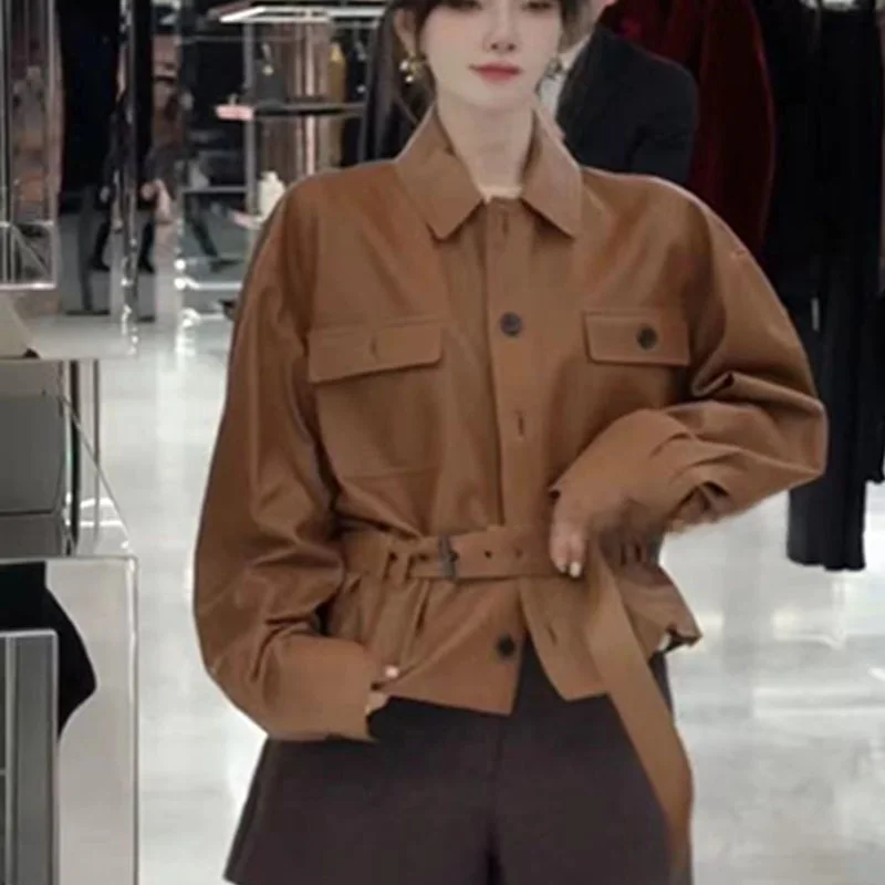 Daitong 2025 Spring Genuine Leather Jaet Women's eepskin Casual Loose Slimming Collar Stand up Coat eep Leather