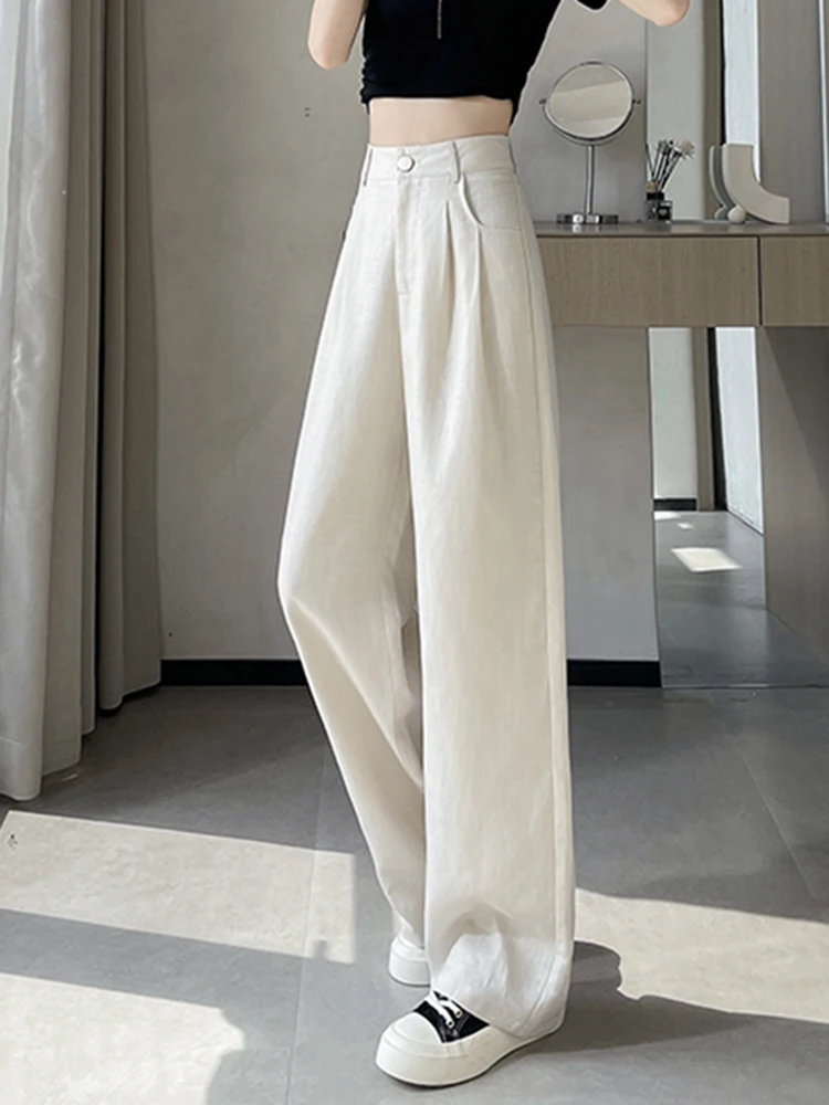 Calças de Cintura Alta em Seda de Gelo e Linho para Mulheres, Novas Calças Largas Casuais de Verão, Calças Retas para o Dia a Dia