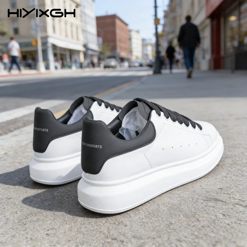 Trendige Koreanische Unisex-Sneaker Weiße Schnürschuhe aus Leder mit Dicker Sohle Atmungsaktive Weiche Sohle Street Casual Mode Laufschuhe