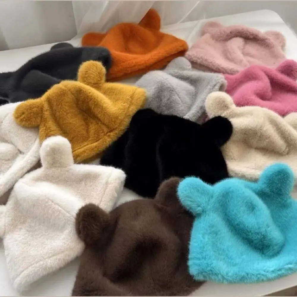 

Bear Ears Plush Bucket Hat Sweet Soft Ear Protection Fisherman Hat Mink Hair Beanies Women Female