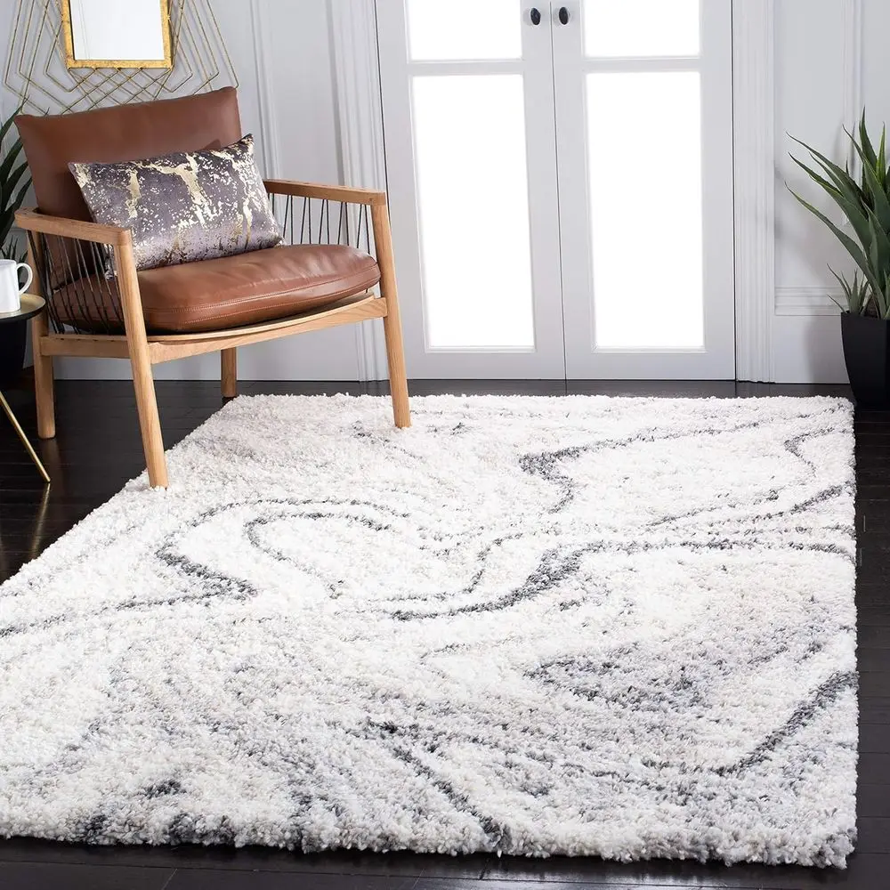 

Shag Area Rug - 9x12, Ivory and Grey, Abstract Design, Non-Shedding, Easy Care, 2-inch Thick for Living Spaces