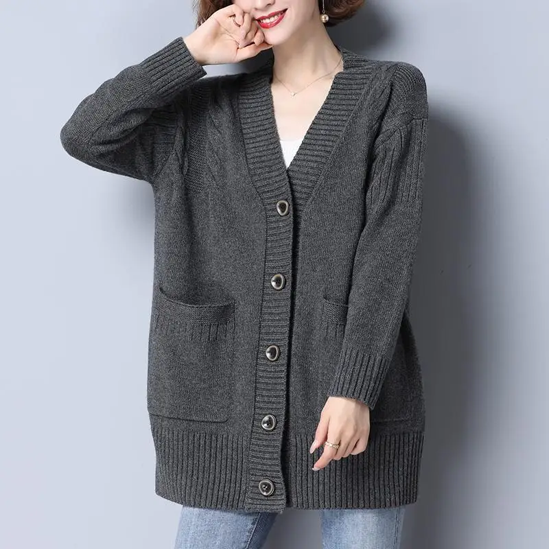 Autumn Winter Long All-match Fashion Women Sweater Coat Pockets Button Long Sleeve V-Neck Warm Loose Solid Casual Knit Cardigans