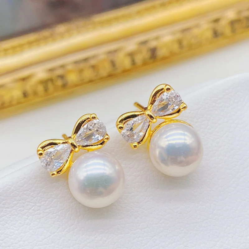 

Серьги из натурального пресноводного жемчуга с застежками S925, винтажный дизайн с бантом, микроинкрустация с покрытием из 18-каратного золота.