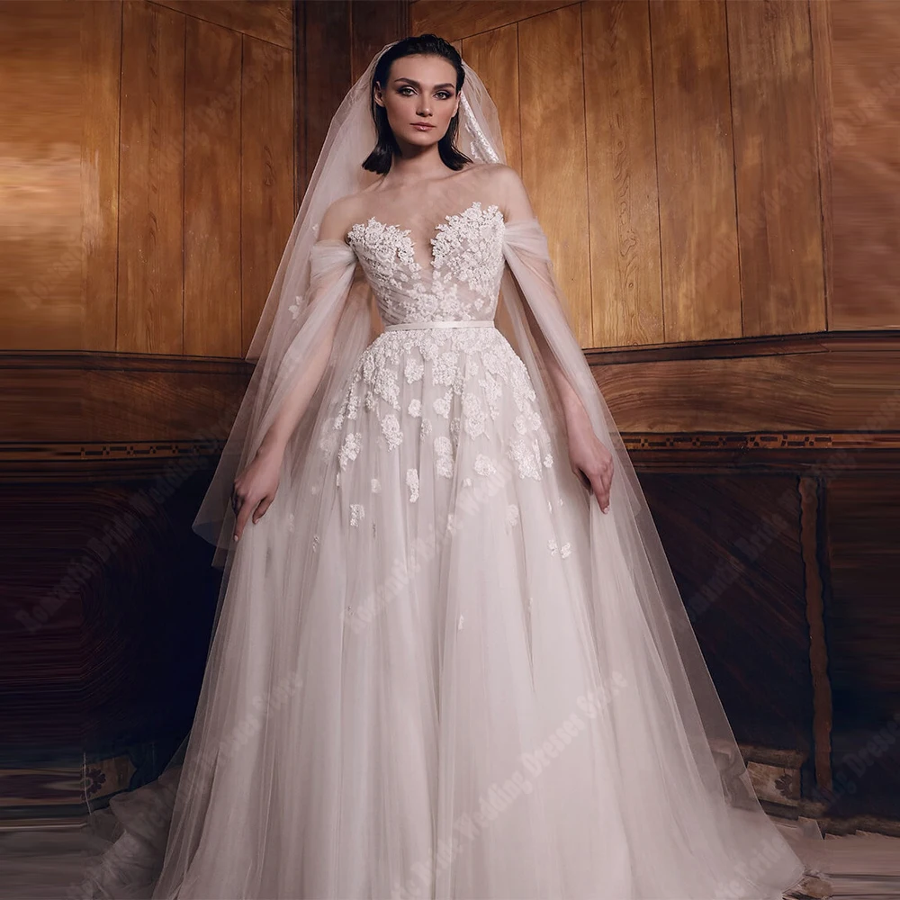 오프 숄더 여성 a 라인 웨딩 드레스 아가 칼라 레이스 꽃 인쇄 신부 가운 Mopping 길이 2025 맞춤형