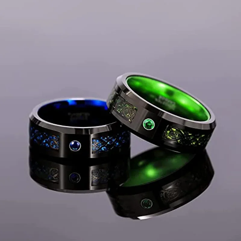 Tigrade 8MM Tungsten Rings for Men Women Cubic Zirconia Eternity Ring Black/Blue/Green/Red Color Cz Celtic Dragon Wedding Bands