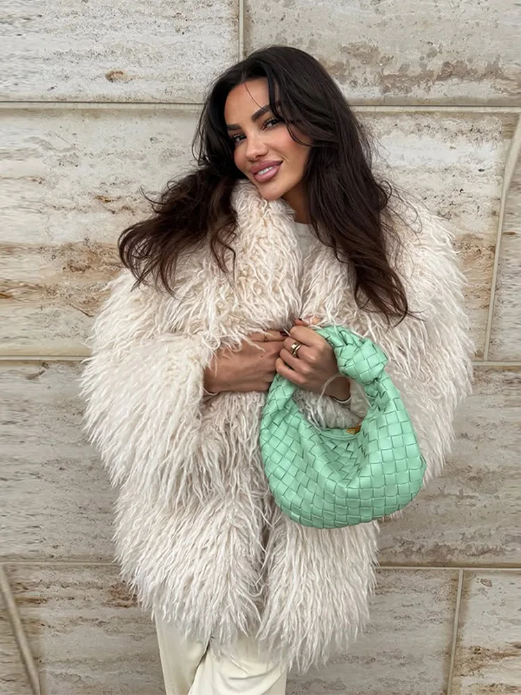 2025 الخريف الشتاء الشارع سيدة فروي معطف دافئ موضة فو الفراء معطف المرأة فضفاضة التلبيب كم كامل رقيق معطف قصير #3