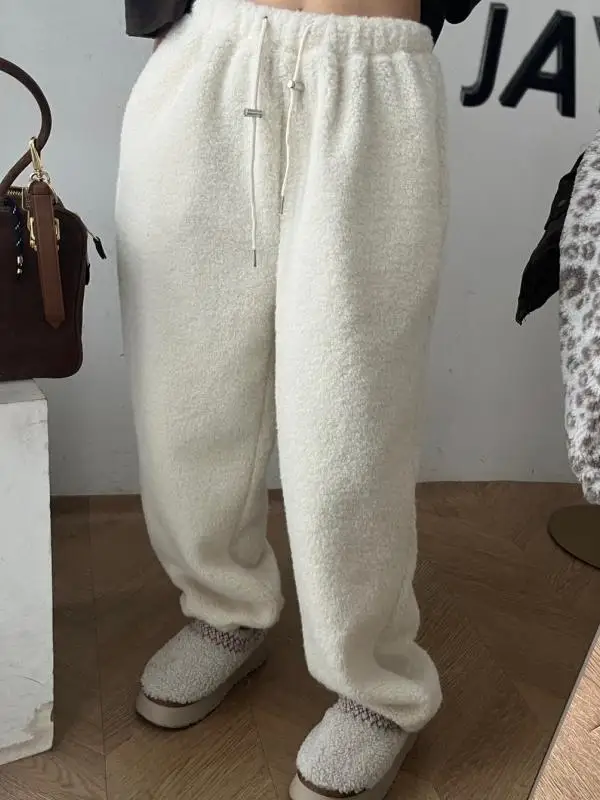 

Ladies Thiened Warm Particle Fce Casual Pants Elastic Waist Autumn Winter Long Trousers Cuffed Sweatpants Korean Sle C...