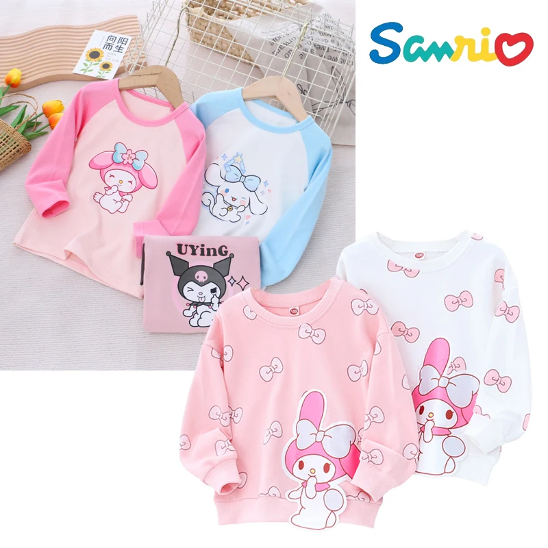 Sanrios My Melody Cinnamoro Kuromi Girl Bottoming Shirt Long-Sleeved T-Shirt Raglan Sleeve Tops Round-Neck Pullover Kids Clothse