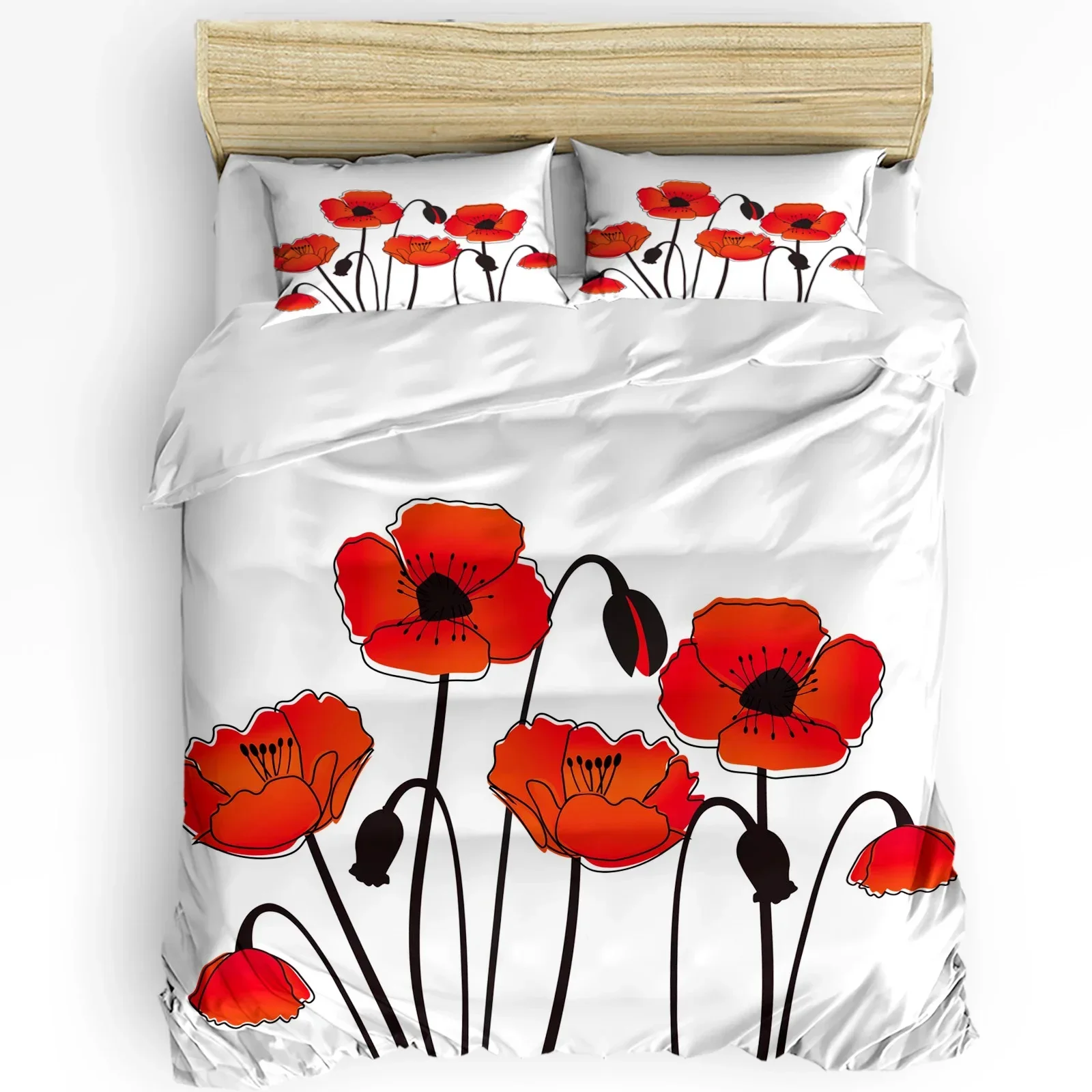 Red Poppy Flower Plant Nature 3pcs Bedding Set For Bedroom Double Bed Home Textile Duvet Cover Quilt Cover Pillowcase