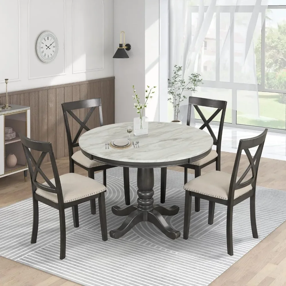 Kitchen 5-piece set of circular dining table and cushioned chair set, wooden dining table set,