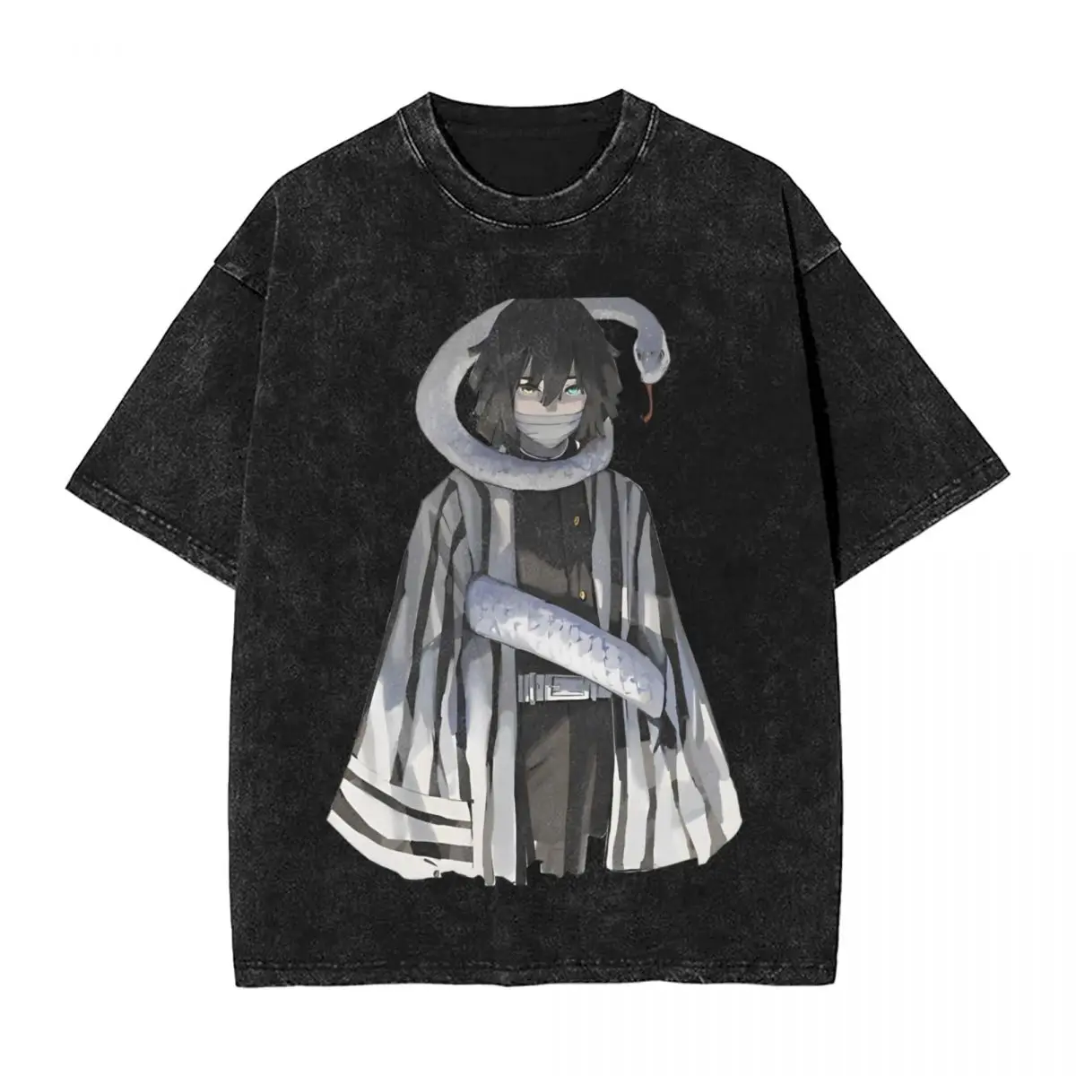 Demon Slayers Anime Obanai Iguro Washed T Shirt Streetwear Hip Hop T-Shirts Tees Tops for Men Women Short Sleeve Harajuku Summer