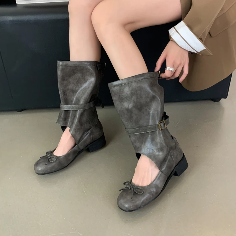 Grey Ankle Boots For Women Low Heels Summer Ballet Shoes Retro Bow Round Toe Belt Buckle High Heels Botas Mujer 2025