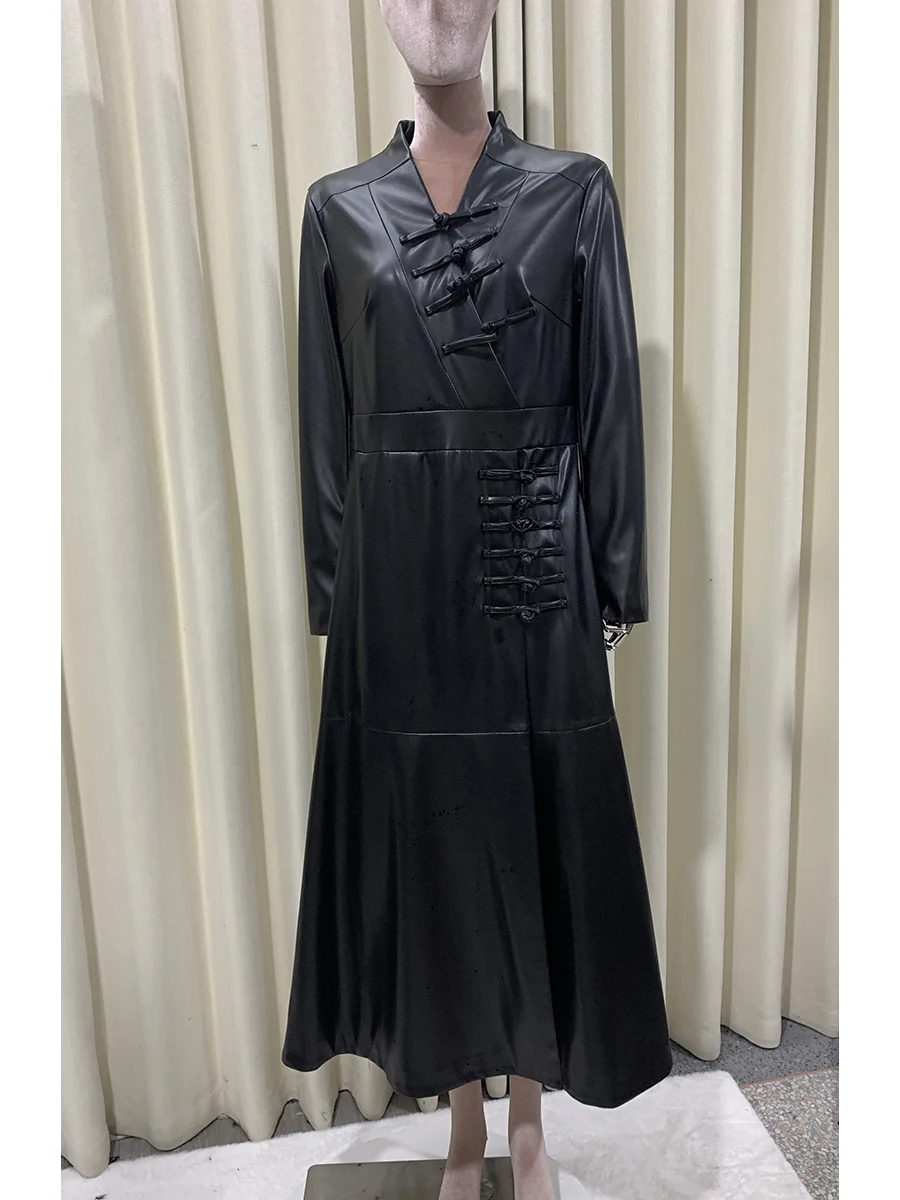 Spring Autumn Extra Long Black Fitted Soft Faux Leather Coat Women V Neck Elegant Stylish Luxury Designer Chinese Style Fashion