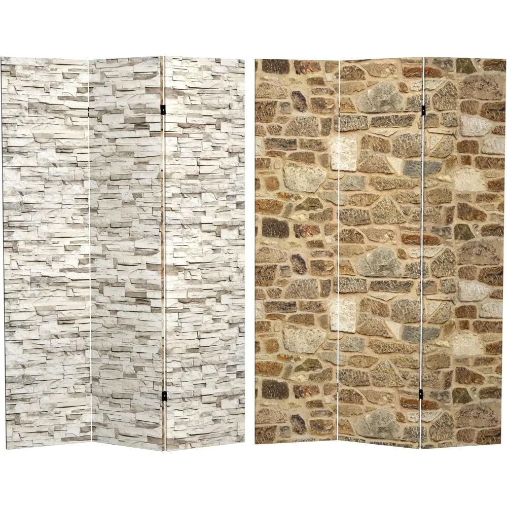 

6 ft. Tall Double Sided Stone Wall Canvas Room Divider, 3 Panel Freestanding Folding Privacy Screen, Partition