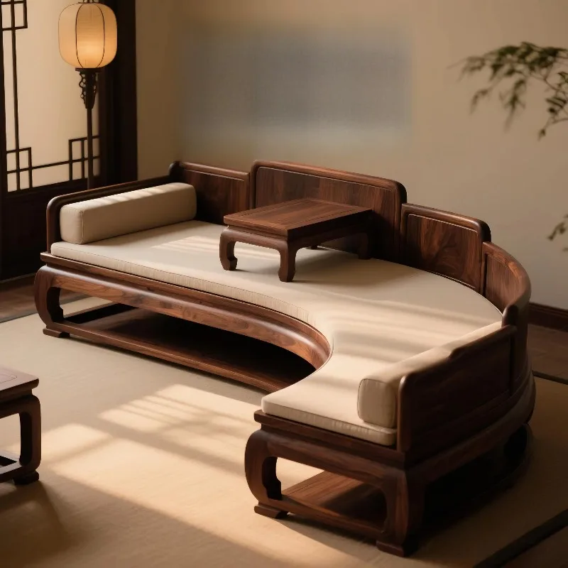 North American black walnut new Chinese Arhat bed sofa curved size apartment living room high-end furniture customization