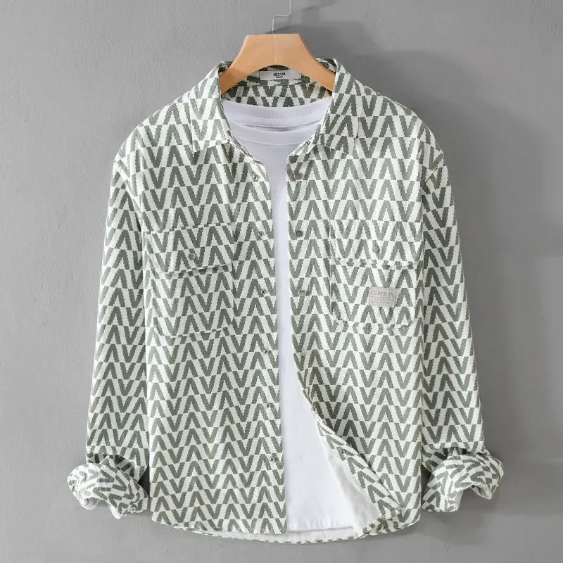 

Houndstooth Loose Long Sleeved Shirt Youth Trend Leisure Lapel Top Spring and Autumn Large Size Design Versatile Men's Shirt