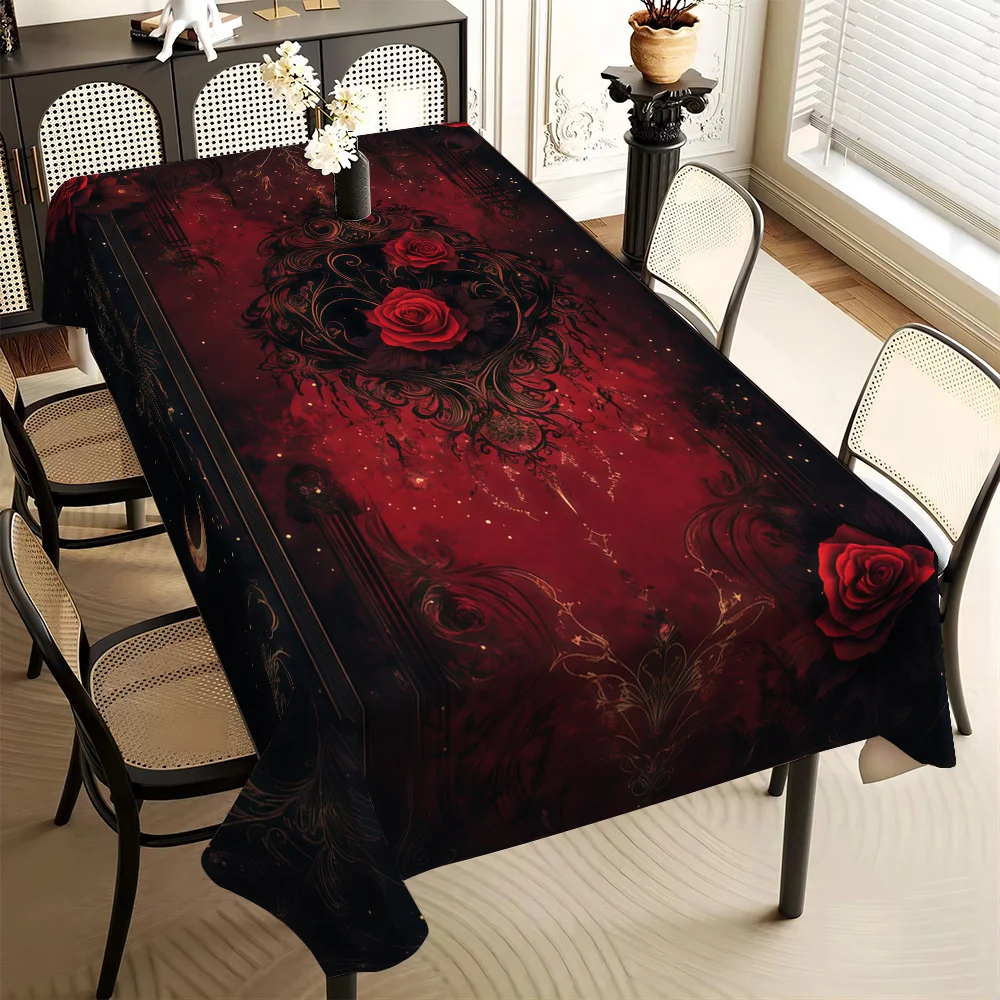 One piece of Gothic-style elegant deep red rose and moon pattern tablecloth - machine-washable nylon square tablecloth