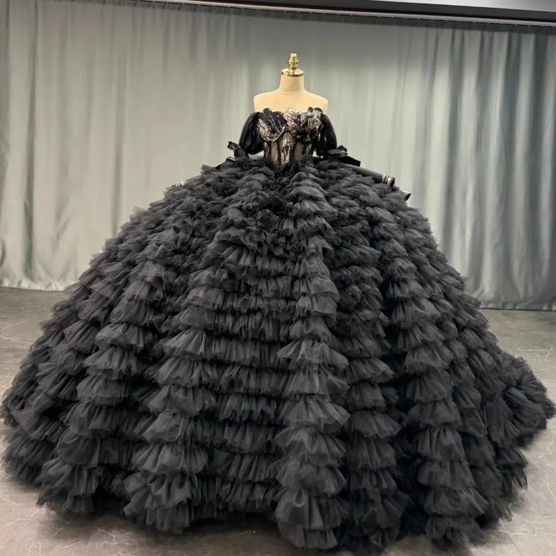 

Black Quinceanera Dress Crystal Glitter Decal Lace layering Long tail Big Bow Vestidos De 15 Quinceanera ﻿Customize