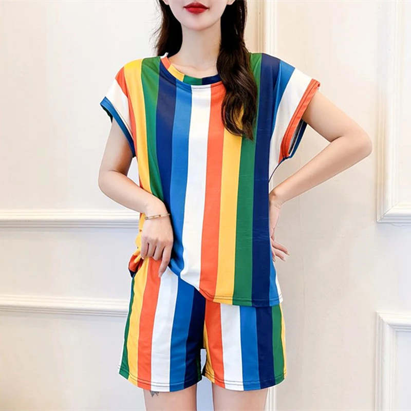 Hawaiian Summer Beach Cute Stripes Two Piece Sets Womens Outifits Loose Comfort Flying Sleeve Shirt Women Casual Shorts Pants