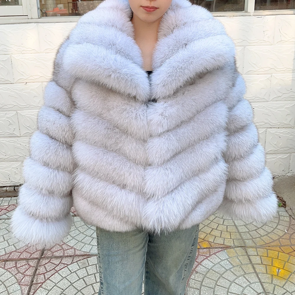 QUEENTINA Winter New Women's Real Fox Fur Coat With Collar Overcoat Leather Female Natural Plus Size