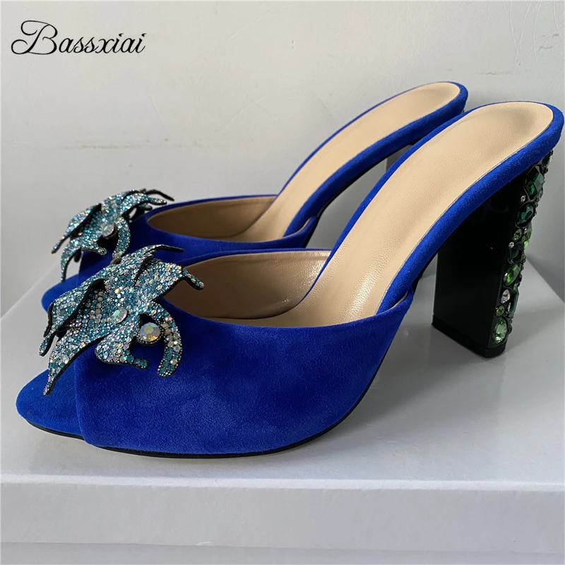 

Современные сандалии со стразами и цветочным декором, женские роскошные замшевые летние туфли на высоком каблуке с бриллиантами и кристаллами