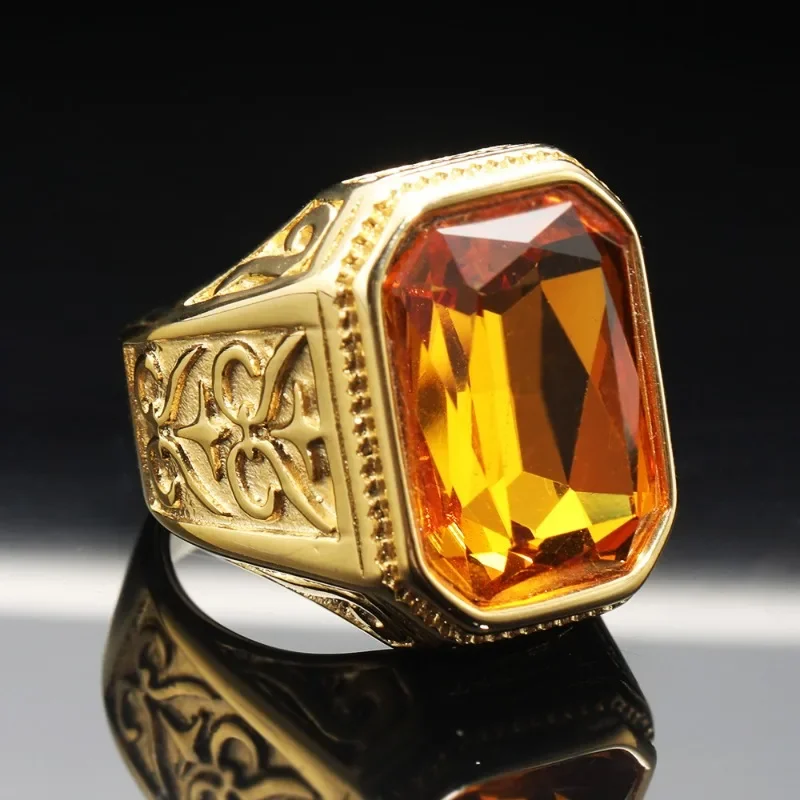 HIP Hop Cool 316L Stainless Steel Gold Color Ring Vintage Retro Pattern Man's Black Yellow Green Red Stone Women Gift Ring